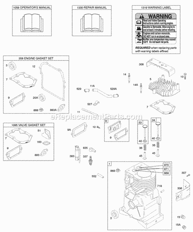 Cylinder Cylinder Head Gasket Sets OperatorS Manual Repair Manual Warning Label Diagram and Parts List for 092202-1242-E1  Briggs and Stratton Engine